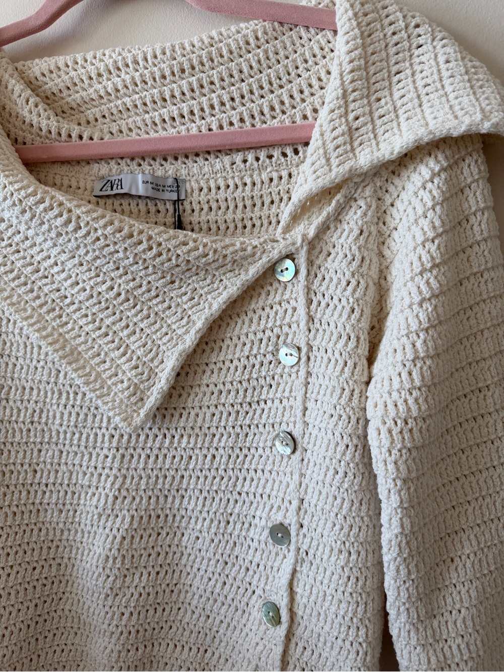 NWT Zara Cream Crocheted Off the Shoulder Button-Front Cardigan Sweater - Picture 5 of 8